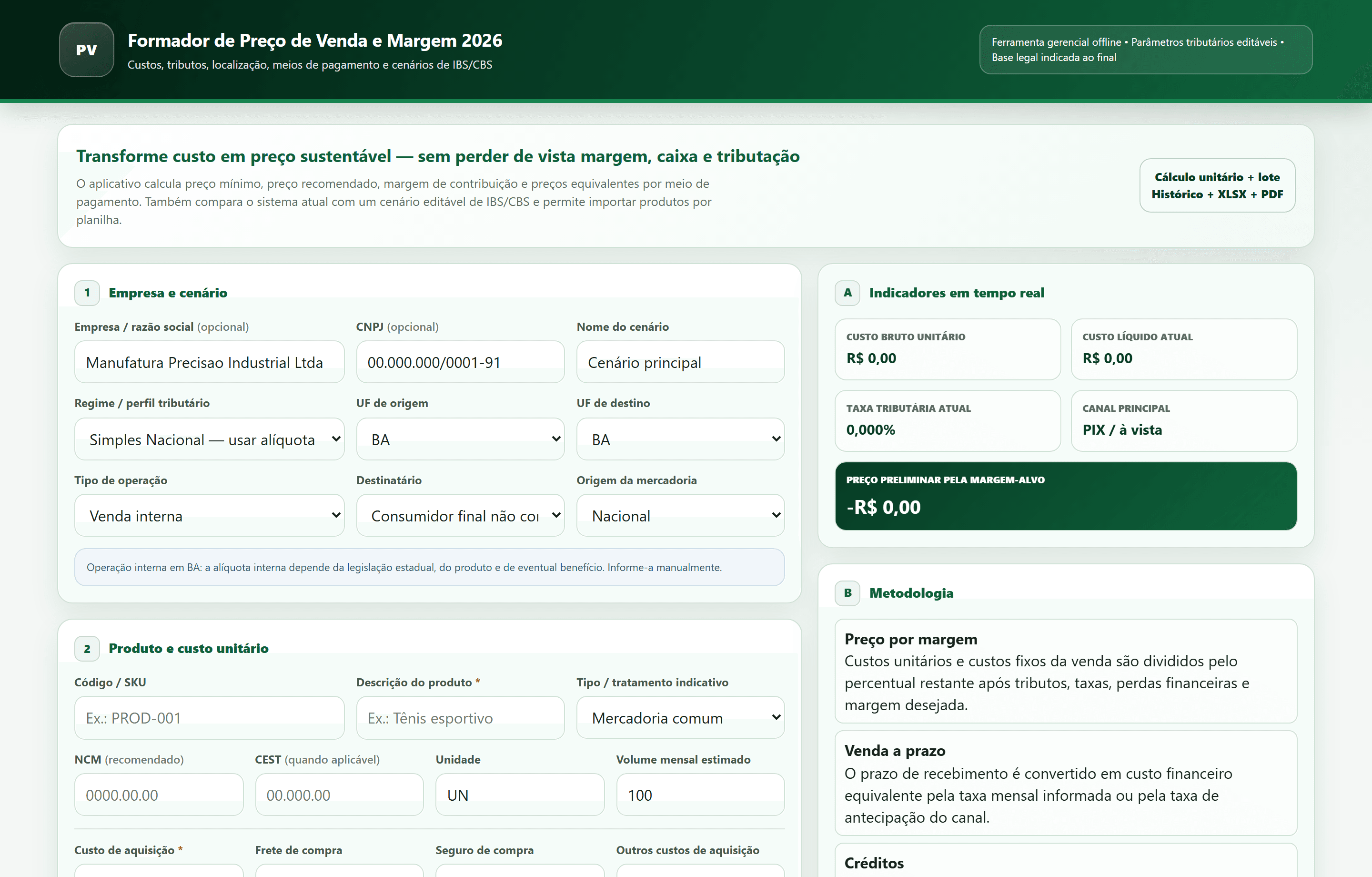 Formador de Preço de Venda e Margem com análise de markup, tributos e meios de pagamento.